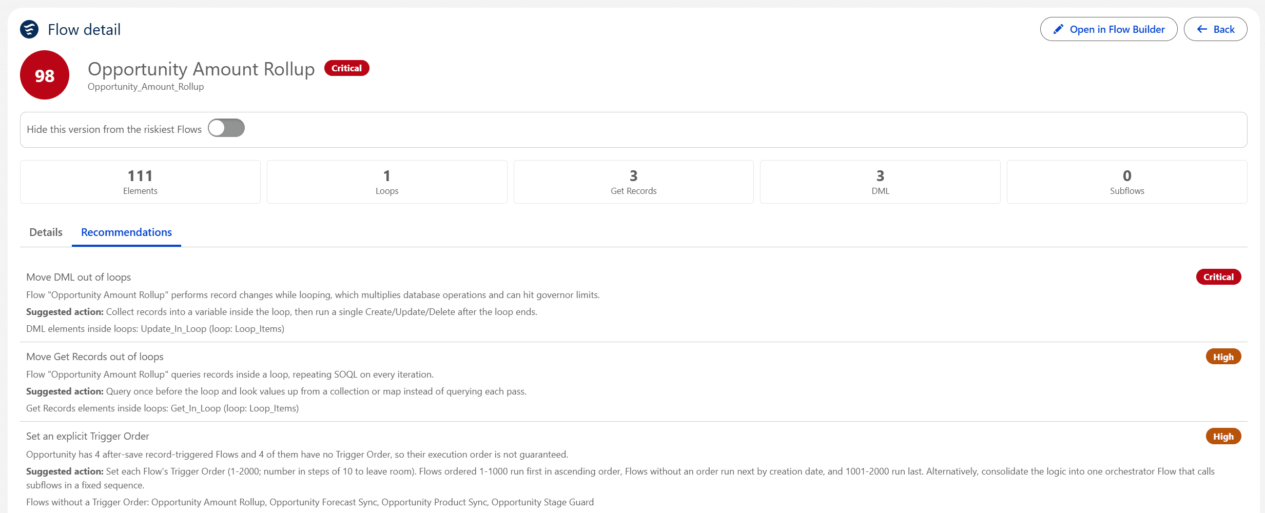 Recommendations tab listing Move DML out of loops as Critical, Move Get Records out of loops as High, and Set an explicit Trigger Order as High, each with a suggested action and the exact elements involved